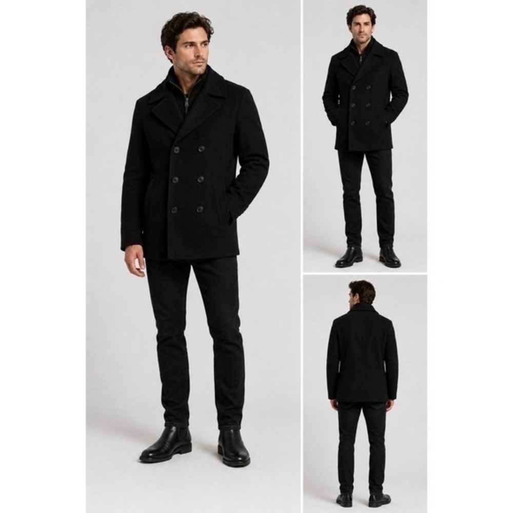 Kenneth Cole New York Mens M Black Wool Blend Pea Coat Zip Bib Double Breast